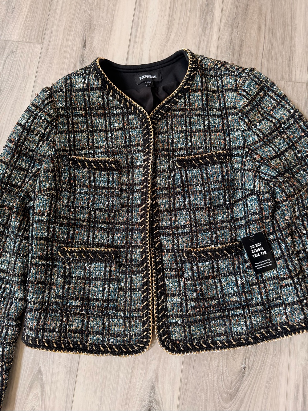 Express Tweed Chain-Trim Blazer in Black & Teal